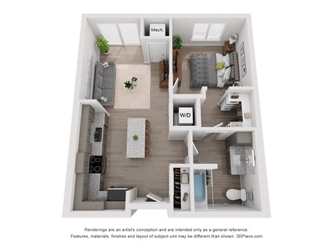 Floor plan for 1 bed, 1 bath, 657 sqft